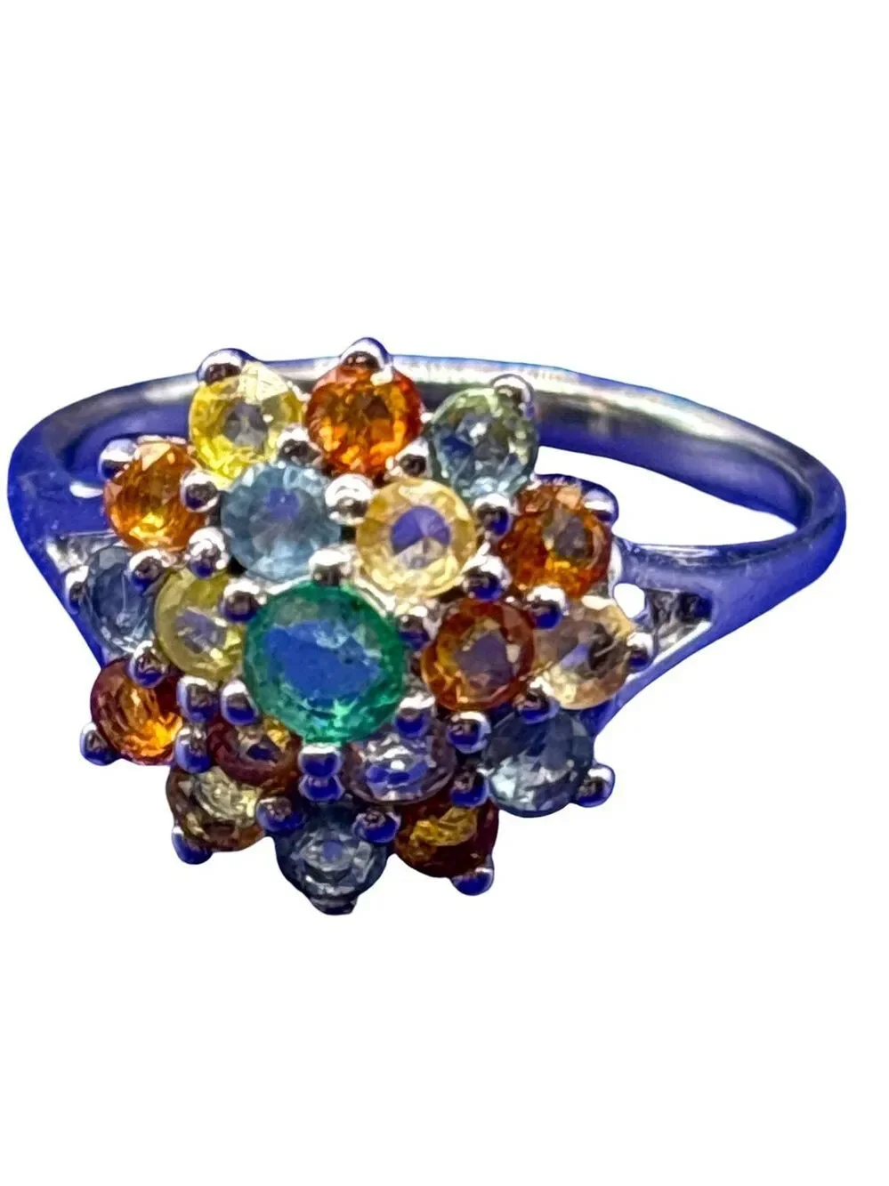 Multicolor Gemstone Cluster Ring Sapphire & Tourmaline 925 sterling silver 7